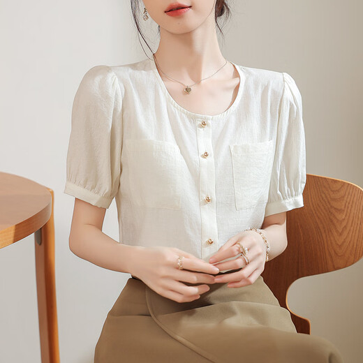 皮尔卡丹（pierre cardin）法式气质圆领短袖衬衫女2025夏季新款简约百搭衬衣设计感小众上衣 3294米白质量 S 建议95斤以内