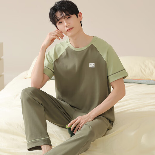焦男男士睡衣纯棉夏季拼接色潮流简约轻奢可外穿家居服短袖长裤两件套 01N13601男 XL