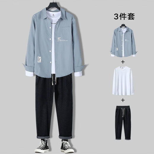 S.Sofea Men's Casual Suit's Trendy Men's Clothing Spring and Automne Mature Trend Trend Two-Piece Set 679 Blue Shirt M