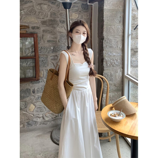 Vestido de chaleco sin mangas sin mangas de Muni, 2025 NUEVO Estilo Temperamento para mujeres Temperamento de la cintura y las vacaciones adelgazantes Vestblas largas de la falda del cuello cuadrado [blanco] L Tamaño [sugerido 111-120Jin [Jin iguala 0.5 kg]]]