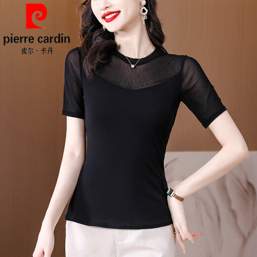 Pierre Cardin Mesh Shirt pour femmes T-shirt à manches courtes pour les femmes 2025 Nouveau été noir noir L Shirt Shirt Slim Lace Top Black A1585 [Court-manche] 4xl