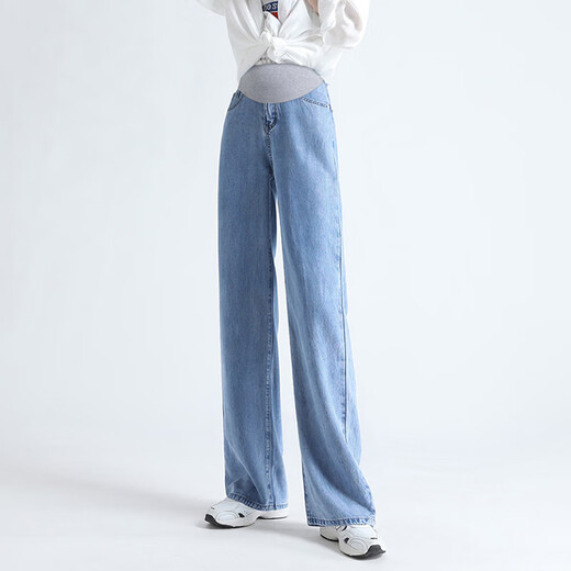 Ariana Mujeres embarazadas Pantalones de seda de hielo 2024 ropa de verano jeans recto de pierna ancha delgada de verano azul claro [estilo largo] 138-1 l