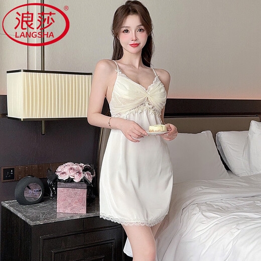 LangSha (LangSha) light luxury sexy nightgown for women in summer with chest pad ice silk suspender pajamas feeling solid color beautiful back skirt home clothing 9227-2 black (with chest pad) M 80-100Jin [Jin equals 0.5 kg]
