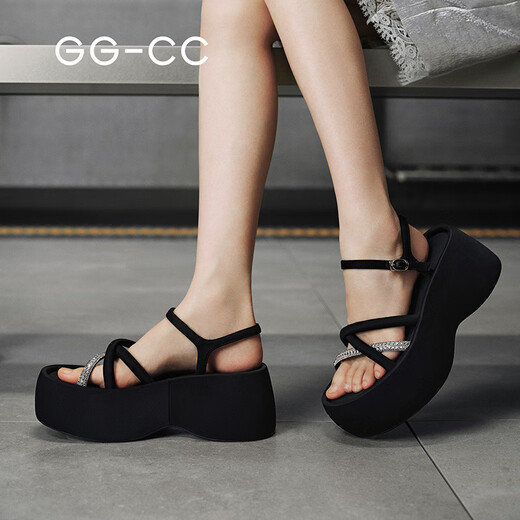 GG-CC [Yang Chaoyue Same Style] Sommer Chanson Sommer Neuer modischer Strassbein schwarzer dicker Solid-Sandalen für Frauen G25S1024 Black Diamond Sandals 36