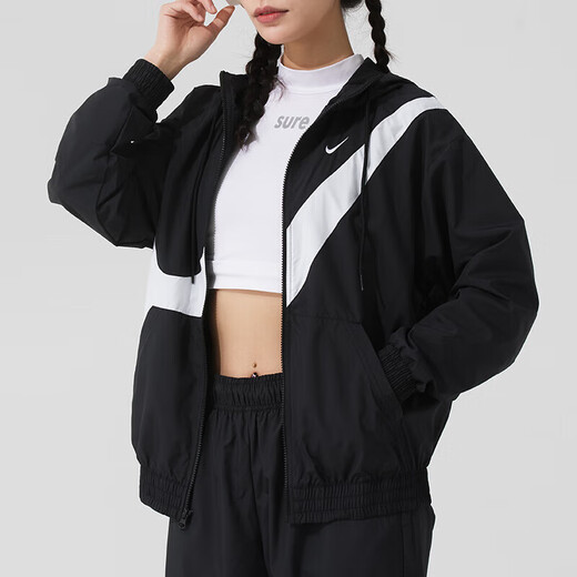 
Nike (NIKE) women's big hook woven black and white sports suit 2025 summer quick-drying fitness training suit fashion casual clothes black and white hooded jacket jacket + trousers/two-piece set S