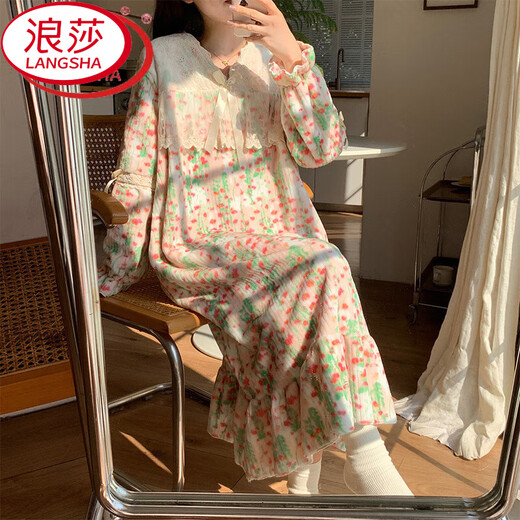 
LangSha (LangSha) princess style nightgown for women in autumn and winter coral velvet thickened 2025 flannel pajamas dress home clothes 12348 rose 160(M)