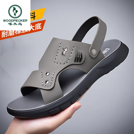 Woodpecker full cowhide sandals men's 2025 summer new men's genuine leather soft sole sandals beach shoes 7625 new gray 40