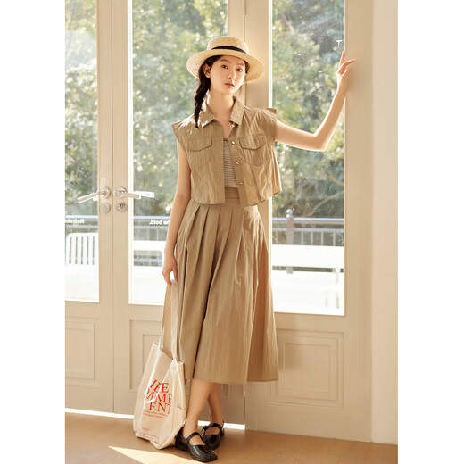 Zihan (ZIHAN) Zihan workwear style lapel sleeveless vest high waist pleated skirt two-piece suit for women 2025 summer new style marble green XL