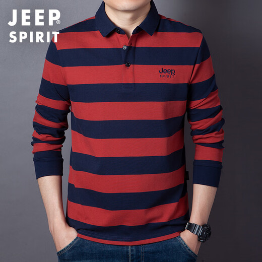 JEEP SPIRIT Jeep spring and autumn new loose business striped cotton long-sleeved T-shirt men's Polo shirt tops T-shirt men's military green L