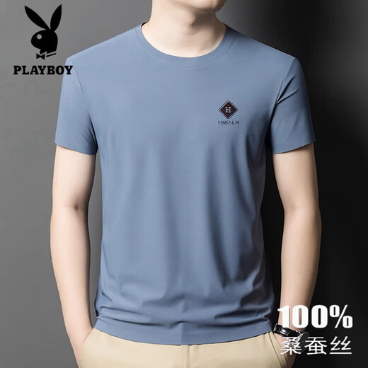 Playboy 2025 new high-end mulberry silk short-sleeved T-shirt for men's summer new round neck solid color thin large size casual T-shirt 13578 Blue M 165 [Suggested 100-120 Jin [Jin equals 0.5 kg]]