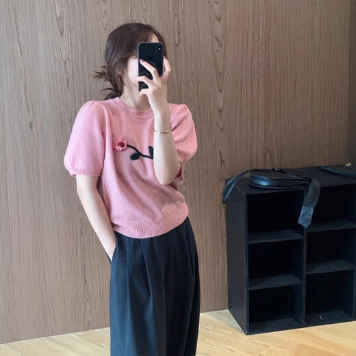 NJSKAKW粉色正肩短款T恤上衣女春夏季新款针织衫百搭小香风泡泡袖针织衫 白色 均码 12247【80-115斤】