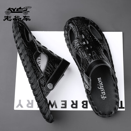 
Classic Car (WECKER) Hong Kong High-end 2025 Genuine Leather Men's Bottle-Battle Soft Sole Sandals Outside Wearing Beach Business High-end Casual M9855 Black Waterproof and Anti-Slip 38
