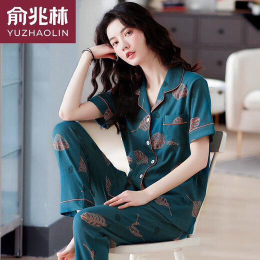 俞兆林夏季2025年纯棉睡衣女士短袖长裤妈妈大码家居服薄款套装亲肤透气 659 XL 120-140斤