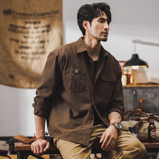 杰雷诺美式复古工装衬衫式夹克外套男春秋2025新款宽松潮牌休闲长袖衬衣 咖啡 L 适合125-145斤