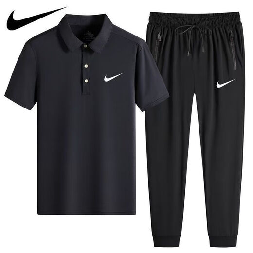 NBA KIDS-NIKE冰丝POLO衫速干休闲运动装短袖T套装薄款翻领男士长裤两件装 耐克-白色(直筒套装)1396 耐克-2XL 120-140斤