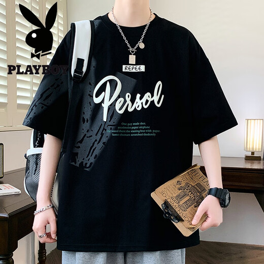 花花公子（PLAYBOY）短袖男夏季潮牌字母印花圆领半袖体恤美式休闲男士落肩袖宽松T恤 693白色 XL 约120-140斤可穿