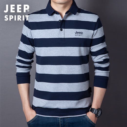 JEEP SPIRIT Jeep spring and autumn new loose business striped cotton long-sleeved T-shirt men's Polo shirt tops T-shirt men's military green L