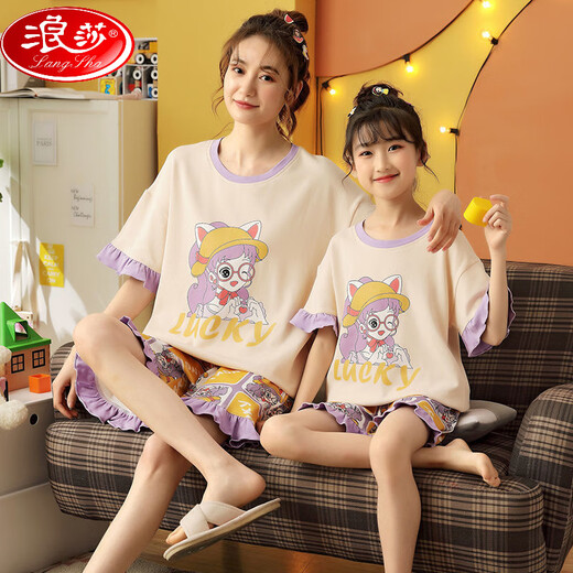 浪莎（LangSha）亲子母女睡衣纯棉夏季薄款短袖可爱卡通网红小女孩女童家居服套装 6624【纯棉 单套的】 M 16码135-145c70斤左右