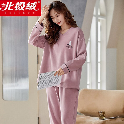 北极绒（Bejirog）睡衣女春秋款纯棉韩版长袖可爱大码休闲套装夏秋冬季家居服可外穿 浅棕色 长袖长裤-g9928 XL (100) 女码(120-130斤胸围
