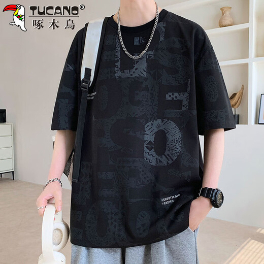 啄木鸟（TUCANO）短袖t恤男士夏季宽松透气上衣服潮流高端半袖休闲男装 黑色  XL 