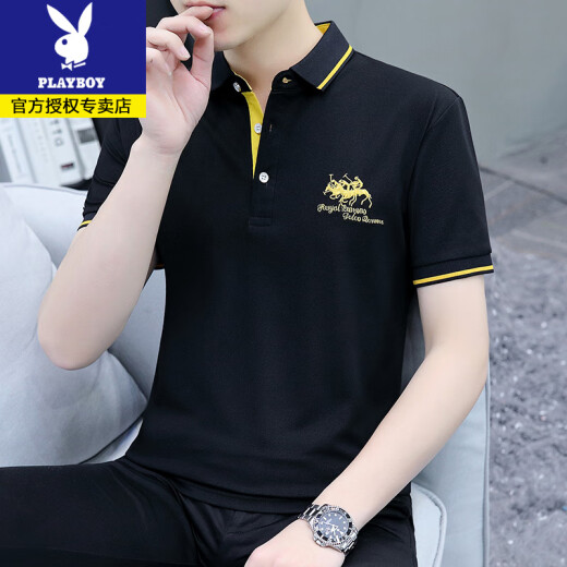 Playboy Sommer kurzärmeliges Polo-Shirt Herrenmarke Stickar Paul T-Shirt Mode, vielseitig, dünne Herren-INS-Lappel-Schwarz S5012 M 95-115jin [Jin gleich 0,5 kg]