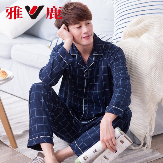 
Yalu pajamas men's long-sleeved pure cotton spring and summer men's thin youth and middle-aged summer 5XL home clothing set 829man L