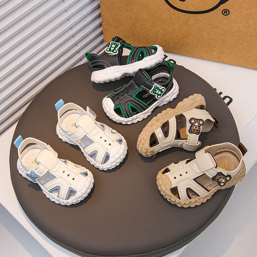 G.duck Little Yellow Duck Summer New Children's Non-Slip Soled Casual Sandals for Boys Baby Soft Bottom Toe Anti-kick Toddler Shoes Khaki Color 19 Inner Length/13.5cm