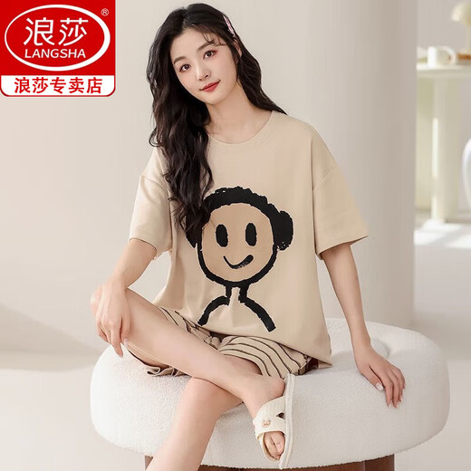浪莎（langsha）睡衣女夏季纯棉短袖短裤甜美可爱简约休闲女士可外穿春夏款家居服 687女 M 【80-100斤】