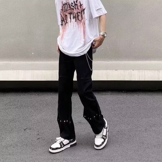 黑盒白美式高街设计感排扣牛仔裤男士春夏季ins潮牌直筒宽松微喇长裤子 DFFS-756黑色 XL
