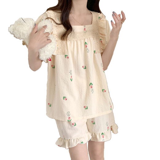 Sondr Pyjamas für Frauen im Sommer süßer gewebter Baumwolle Kurzarm Shorts Anzug für Sommer Damen Dünne Internet-Promi-Kleidung Frühling und Herbststil 695 m [75-100jin [Jin ist 0,5 kg]]