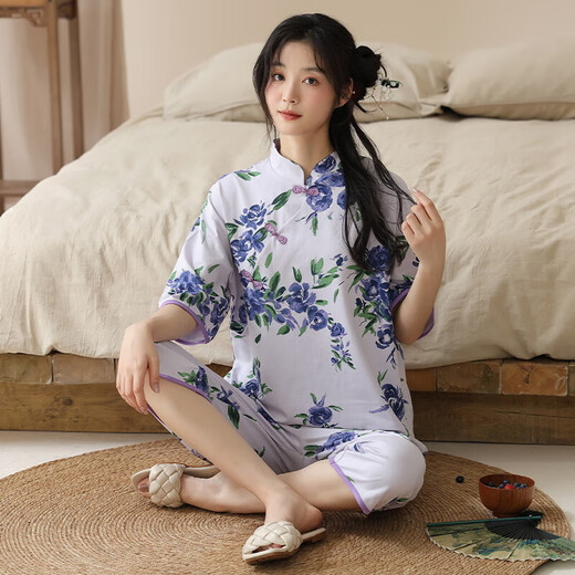 2025年新款睡衣女夏天短袖套装国风针织棉七分裤休闲家居服可外穿 9902 M 【80-100斤】