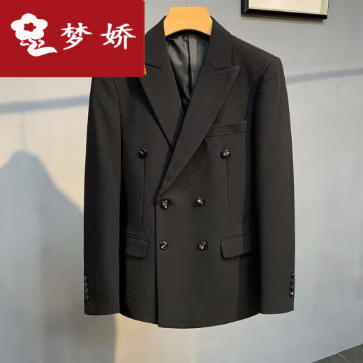 梦娇双排扣休闲西装外套男春秋高级英伦商务单西潮流修身男士西服套装 X829双排扣西装_大气黑 2XL_[高品质]