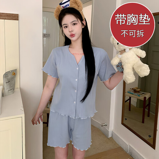 
S.SOFEA summer short-sleeved jacquard pajamas female princess style thin two-piece set Double short set DW683 blue flower (with chest pad) 180 XL (120-140Jin [Jin equals 0.5 kg])