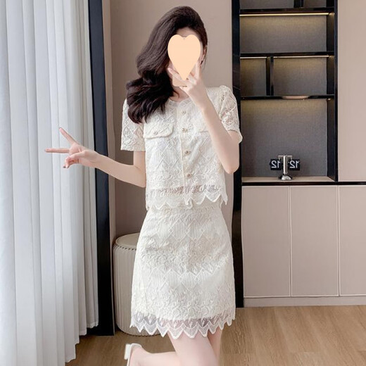 冠贸裴小香风蕾丝半身裙两件套女纯色气质套装裙2025 米白色套装841 M