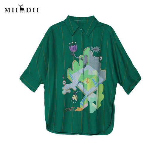
Answer to the puzzle oversized printed shirt split sleeves for women 2025 summer new retro style striped shirt 256MC6210 Pine and Cypress Green Stripe M