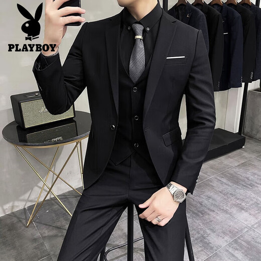 Playboy (PLAYBOY) light luxury high-end men's groom's suit suit men's three-piece wedding dress casual formal dress handsome small suit black three-piece suit (suit + vest + trousers) 2XL