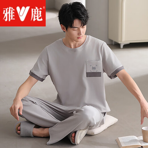 雅鹿可外穿纯棉男士睡衣男款夏季短袖大码棉男生家居服套装 G12014 XL
