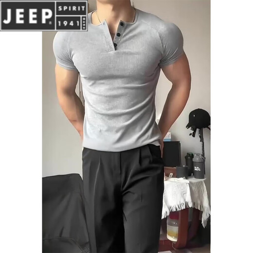 JEEP SPIRIT灰色修身收腰亨利衫短袖男款夏季美式重磅显肌肉t恤健身打底衫 浅灰色升级款 90%买家选择 M 适合100-120斤