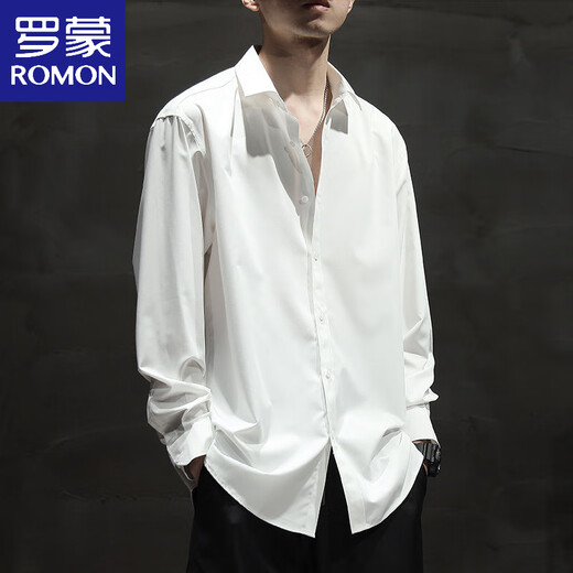 罗蒙（ROMON）夏季冰丝薄款白色长袖衬衫外套男大码宽松莫代尔免烫垂感衬衣 黑色【冰丝莫代尔短袖】844 S 适合70-100斤