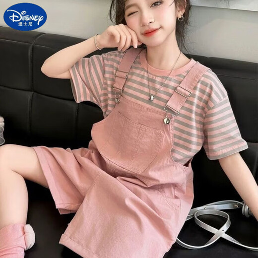 迪士尼（Disney）女童套装夏款2025新款儿童夏季潮酷穿搭女孩大童夏装背带裤两件套 粉红色【短袖+背带裤】 120 码 【35-45斤内】