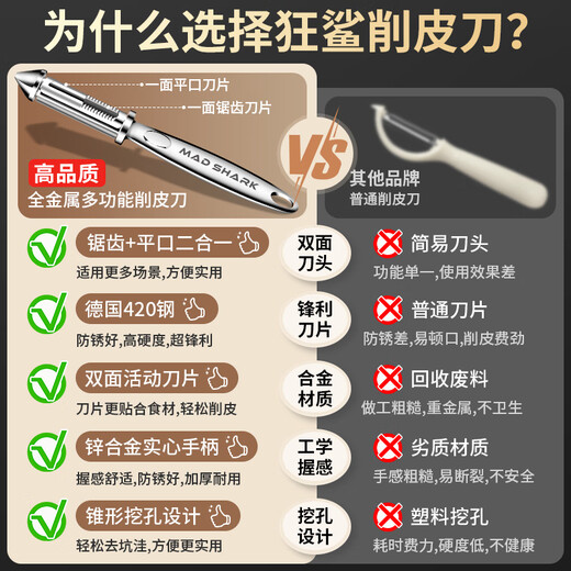 MAD SHARK Schälmesser, Schälmesser, Haushalts-Multifunktionsschäler, Schälartefakt, Edelstahl, zum Schälen von Kartoffeln und Melonen, Hobel, gezahntes doppelseitiges Messer, multifunktionales Schälmesser