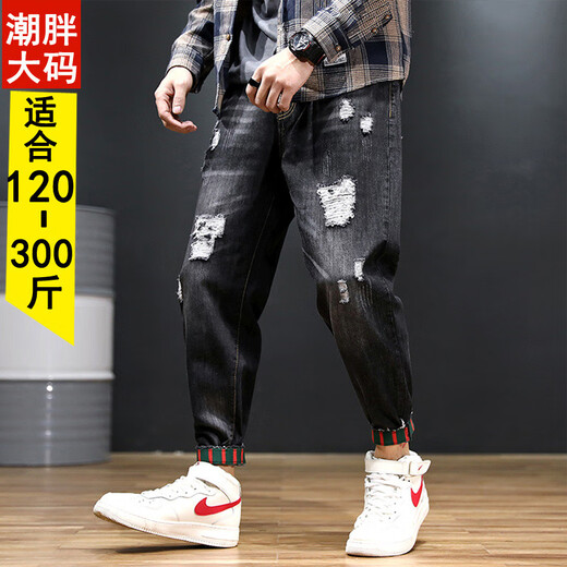 啄木鸟破洞牛仔裤男夏季2025年新款乞丐裤宽松加肥加大码胖子束脚休闲裤 浅蓝 9901款 28 90-100斤
