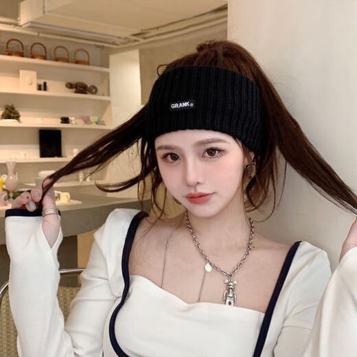 Lai Qi's new knitted headband for women winter wide-brimmed wool headband women's confinement headband forehead protection windproof black one size (55-58cm)