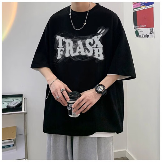Kurzärärmelte T-Shirt Herren Lose großer runder Hals Trendy bedrucktes trendige Marke Vielseitig vielwichtiger Baumwoll-T-Shirt Top halbärzt