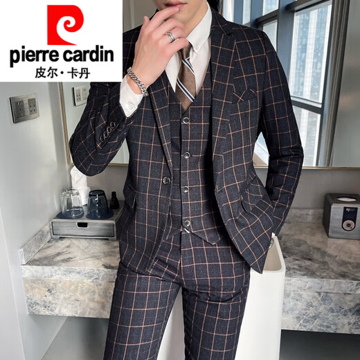 Pierre Cardin Spring and Autumn Thick Suit Men's Three-piece Korean Slim Small Suit Business Formal Wedding Groom's Dress Plaid Gray (Suit, Trousers) Tie M (90-109Jin Jin equals 0.5 kg)