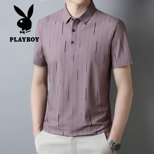 花花公子（PLAYBOY）高档桑蚕丝短袖t恤男蚕丝半袖男潮牌翻领POLO衫中青年宽松竖条纹t 蓝色 DN6625/N 3XL 185