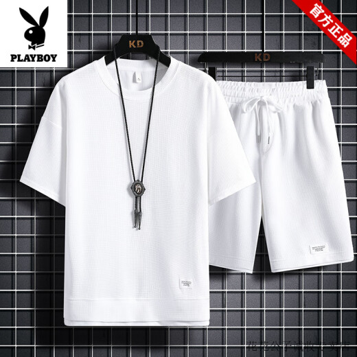 花花公子（PLAYBOY）运动套装男夏季新款白色速干重磅华夫格短袖T恤宽松大码休闲套装 829黑色【套装】 M 100-120斤