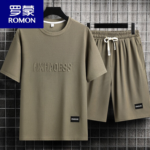 罗蒙（ROMON）休闲运动套装男夏季潮牌冰丝t恤薄款短裤大码短袖帅气搭配两件套 套装-TZ829卡其【上衣+裤子】 M 建议90-110斤