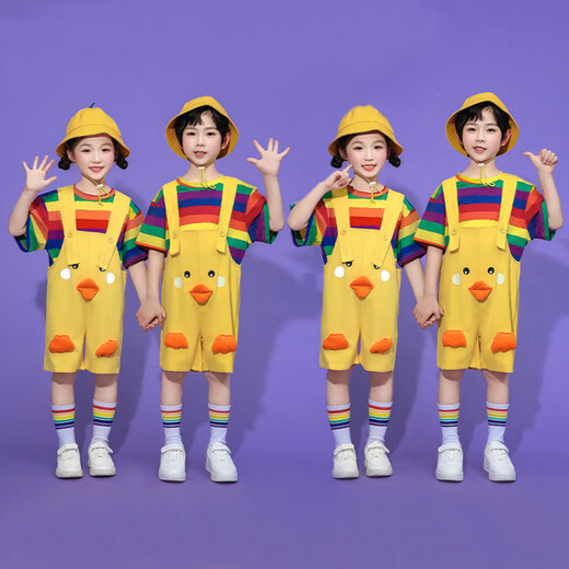 G.DUCKKIDS Little Yellow Duck Children's Clothing Class Uniforms for Primary School Students Summer Thin Overalls Kindergarten Uniforms Children's Day Performance Costumes Rainbow Tube Socks (Not shipped if purchased individually) 100 Recommended 90-100cm 3-4 years old