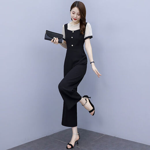 皮尔卡丹（pierre cardin）短袖雪纺阔腿连体裤套装女2025年新款时尚气质夏季薄款一体连衣裤 【1098#】杏色 连体裤 M 建议95-105斤